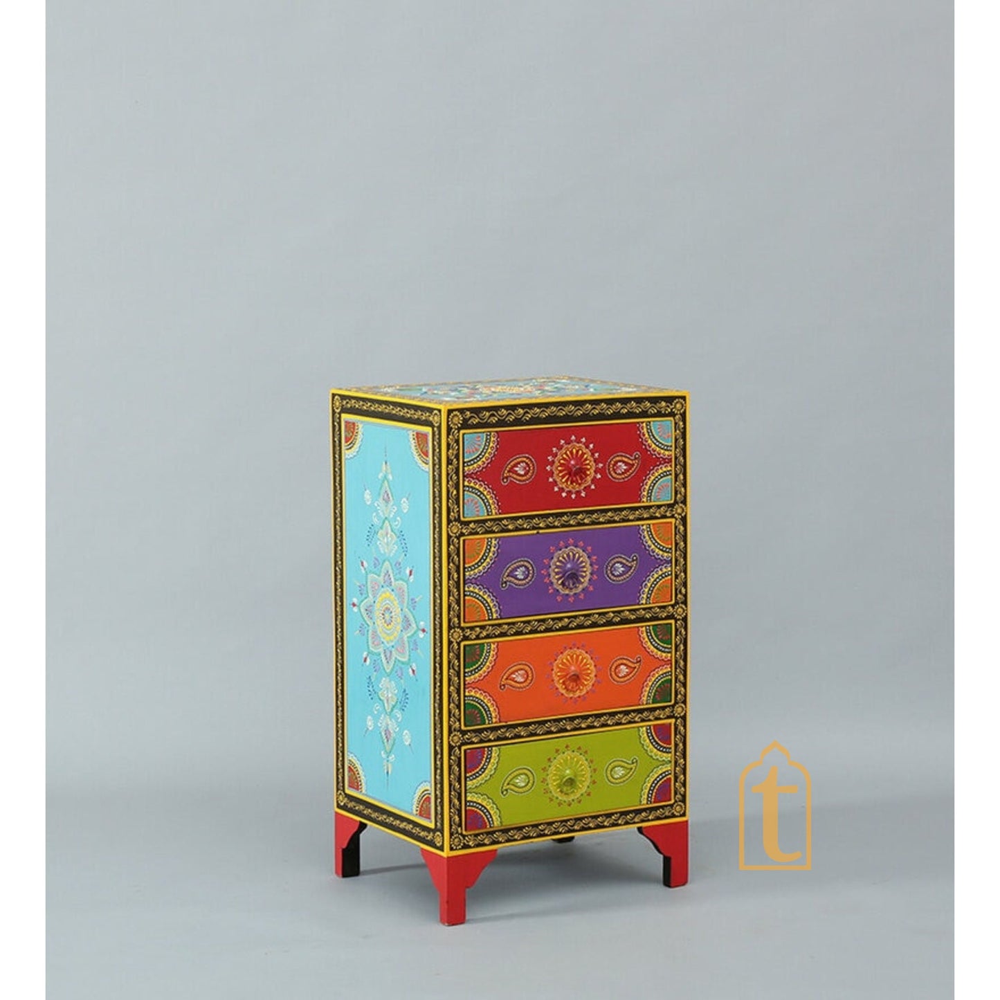 Hand Painted Solid Wood Chest Of Drawer In Multi Colour, 4 Chest Of Drawer/Bed Side, Hand Painted Side Table.