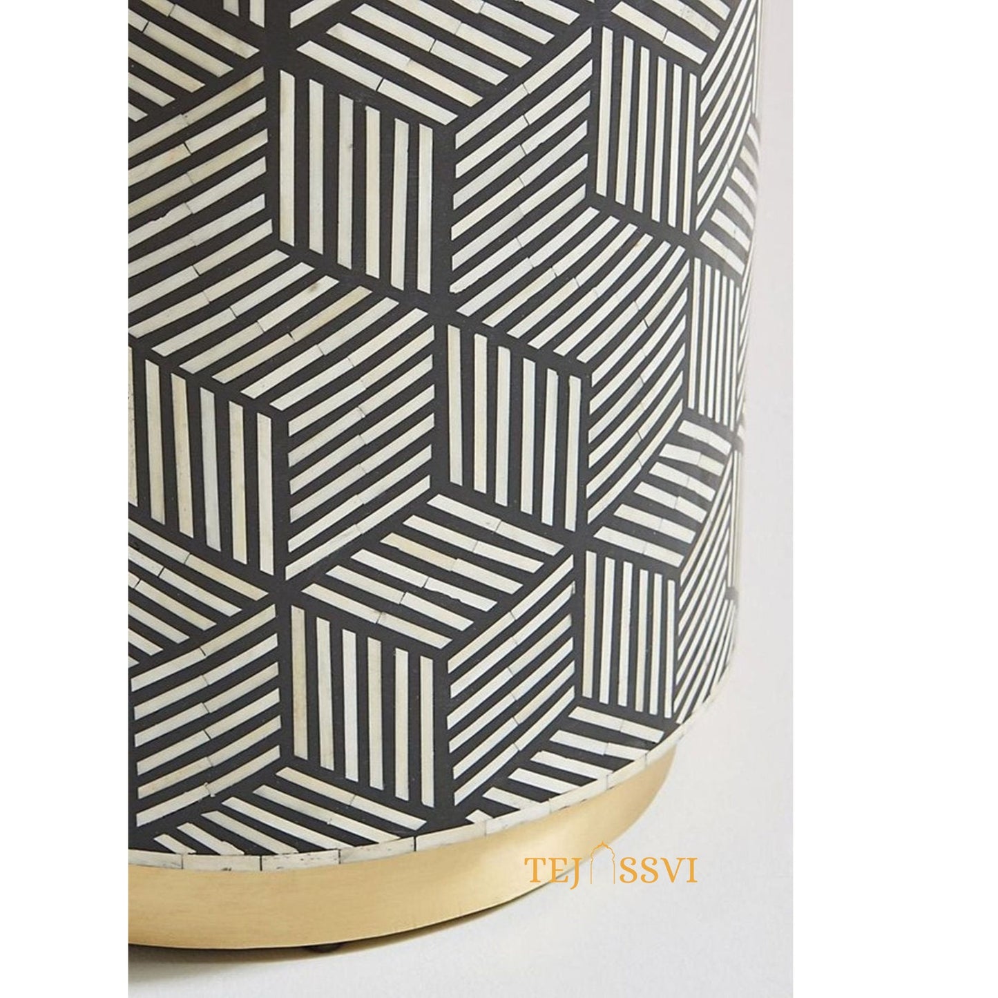 Handmade Bone inlay Round black stripe Design stool| Tribal Bone Inlay Stool in Brown | sofa side Table, Modern Luxury Furniture.