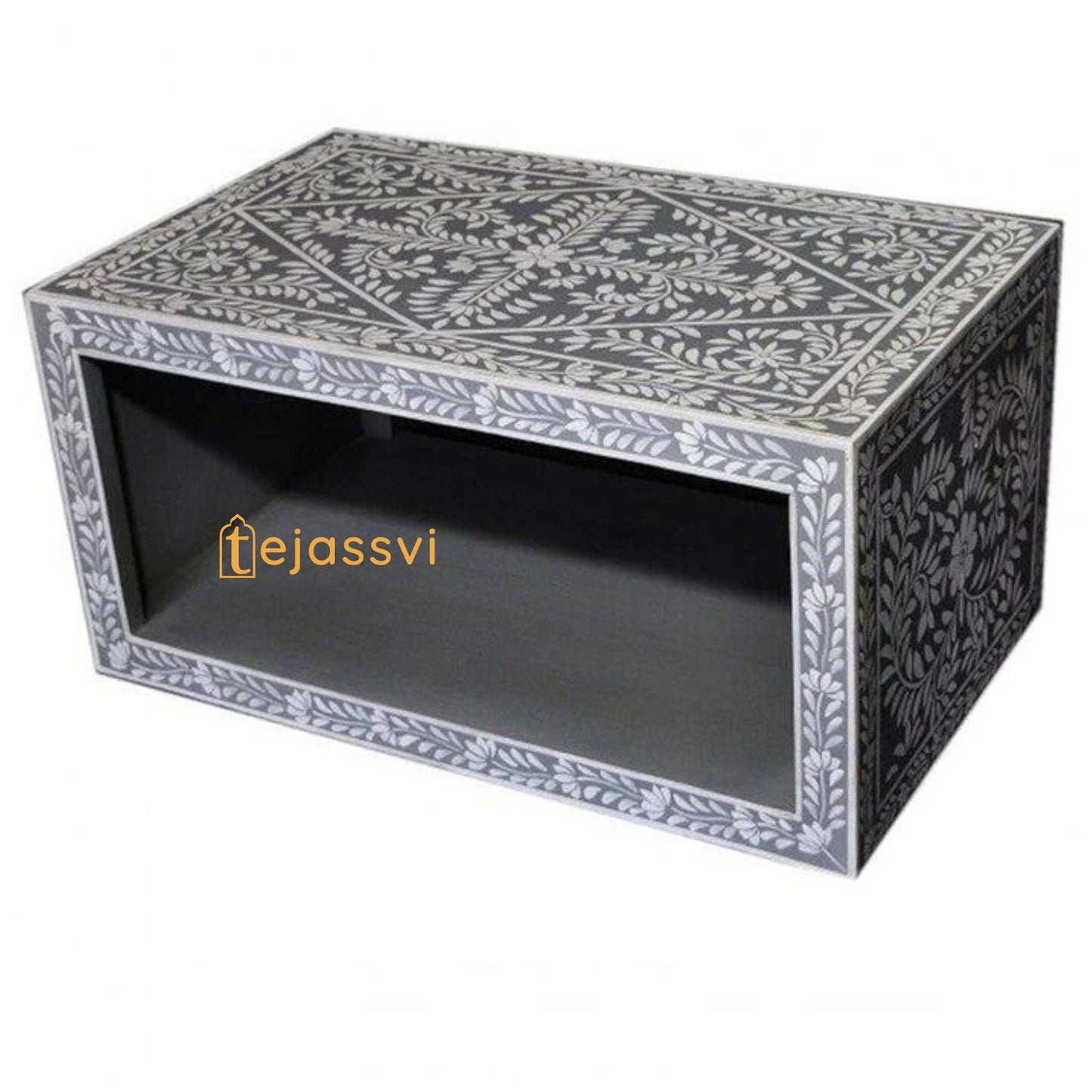 Bone Inlay Floral Pattern Coffee Table in Grey Color | Handmade Center Table | Rectangle shape coffee table, Modern Luxury furniture