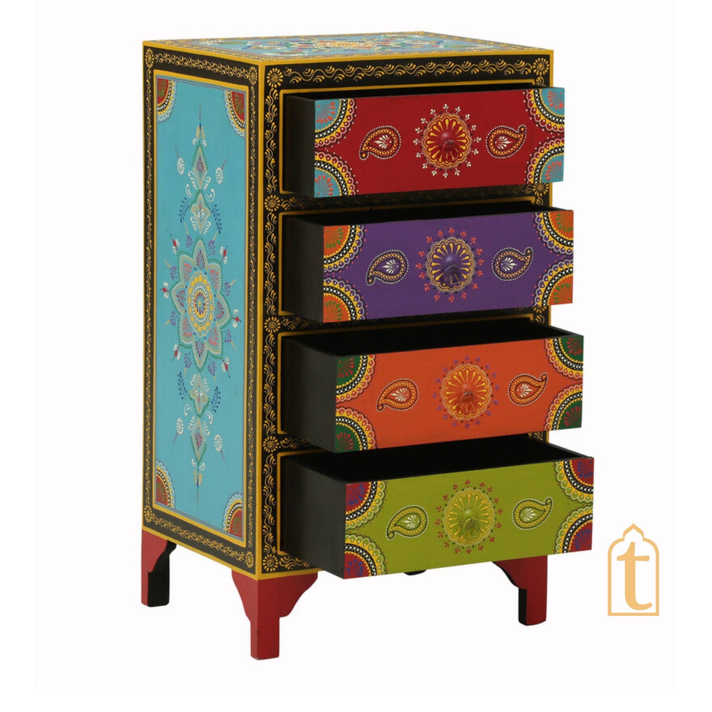 Hand Painted Solid Wood Chest Of Drawer In Multi Colour, 4 Chest Of Drawer/Bed Side, Hand Painted Side Table.