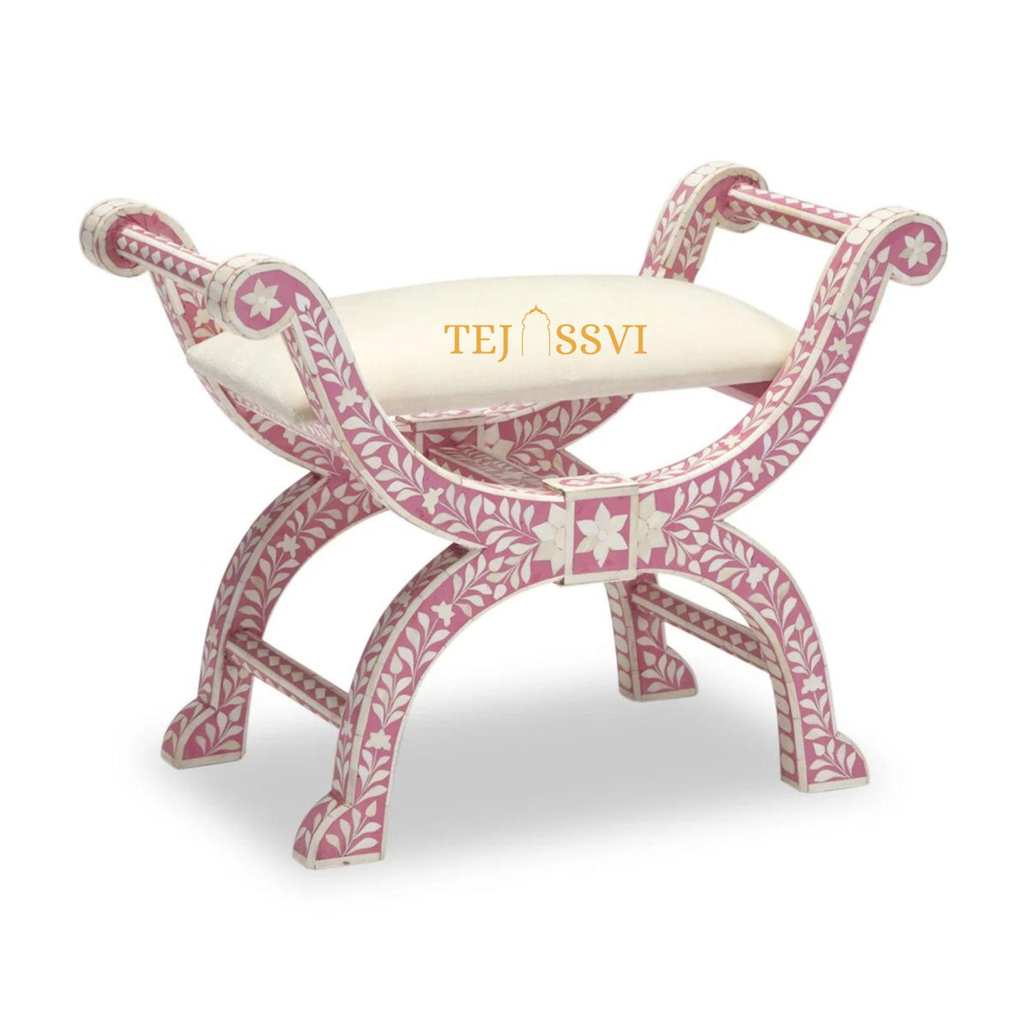 HANDMADE BONE INLAY Floral Pink Jenny Stool | Bone Inlay chair | Modern Luxury Furniture/ wooden Bone Inlay chair .
