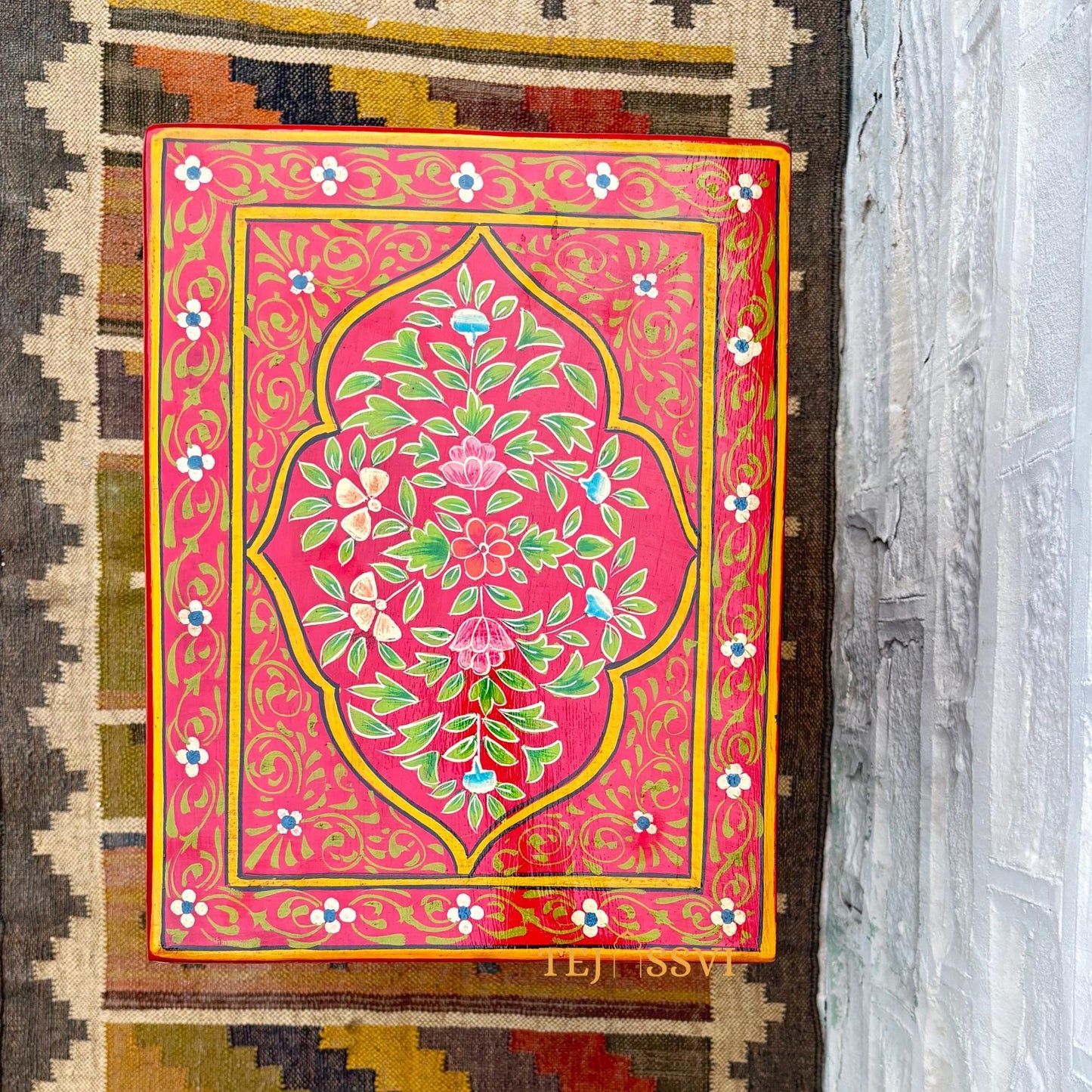 Handmade Hand Painted Bedside Table in Red & yellow , Home Decor Table, Handpainted side table, Indian Moroccan painted Furniture.