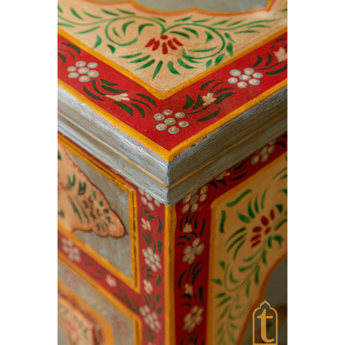 Indian Handicraft Wood Artistic Floral Painted Bedside Furniture Cabinet, Bedroom Furniture, Hand painted Chest Of Dressers, Nightstand.