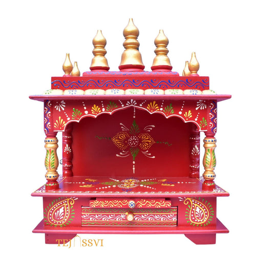 Red Wooden Open Temple Pooja Mandir | Beautiful Wall Hanging Small Wooden Temple for Home | Wooden Prayer Room, Alter, Shrine, Pooja Ghar