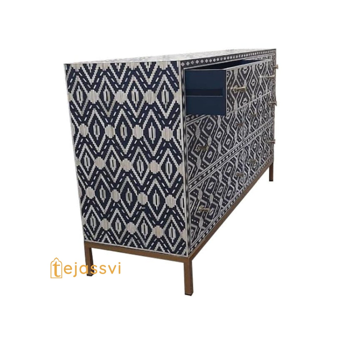 Wooden Dark Blue Bone inlay Diamond pattern 6 chest of drawers/Inlay 6 Drawer Dresser/Bone inlay Floral Pattern 6 Drawers/Chest of Drawers.