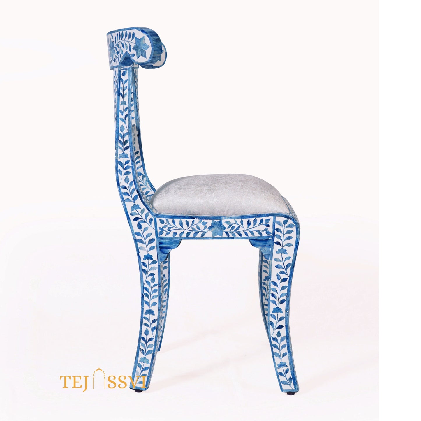 Bone Inlay Floral Chair blue | Bone Inlay chair | Wooden Modern Luxury Furniture/ wooden chair/ wooden stool/ bone table/ home furniture.