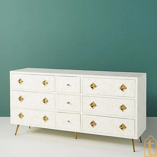 Bone Inlay Sideboard, Wooden Bone inlay 9 Drawer Dresser, Bone Inlay Chest of 9 Drawer, Bone inlay Buffet, Large Dresser, Storage Unit.