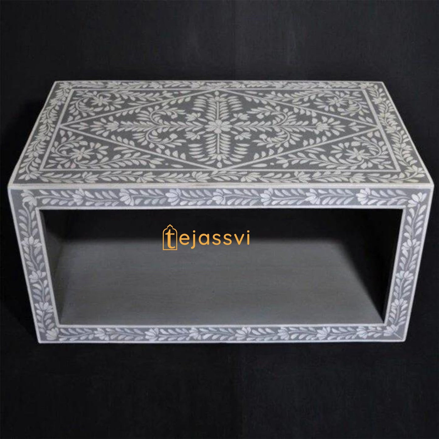 Bone Inlay Floral Pattern Coffee Table in Grey Color | Handmade Center Table | Rectangle shape coffee table, Modern Luxury furniture