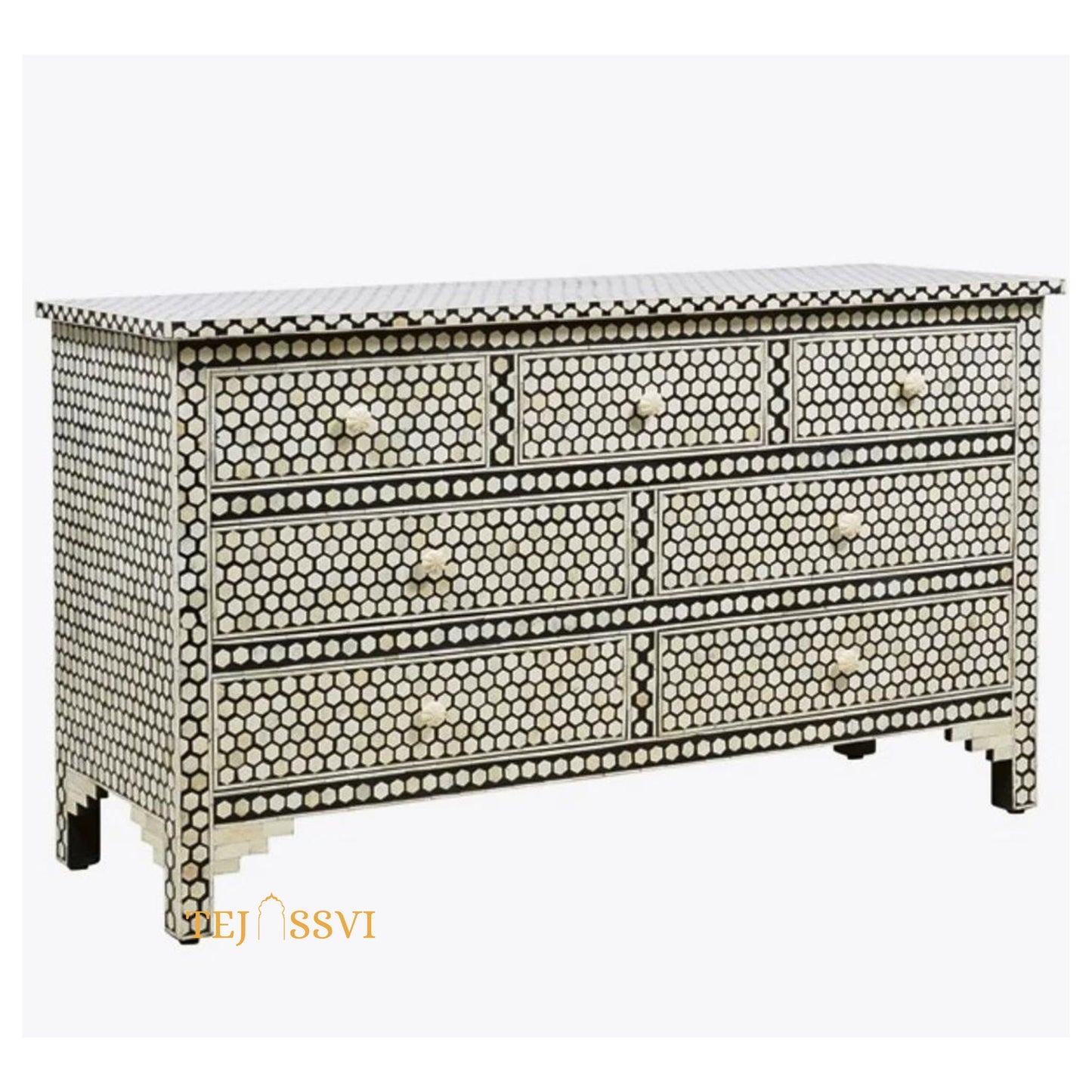Honeycomb Design Black Handmade Bone Inlay dresser/7 Chest of Drawer, Bone inlay Sideboard Honeycomb black, Inlay Furniture Sideboard Unit.