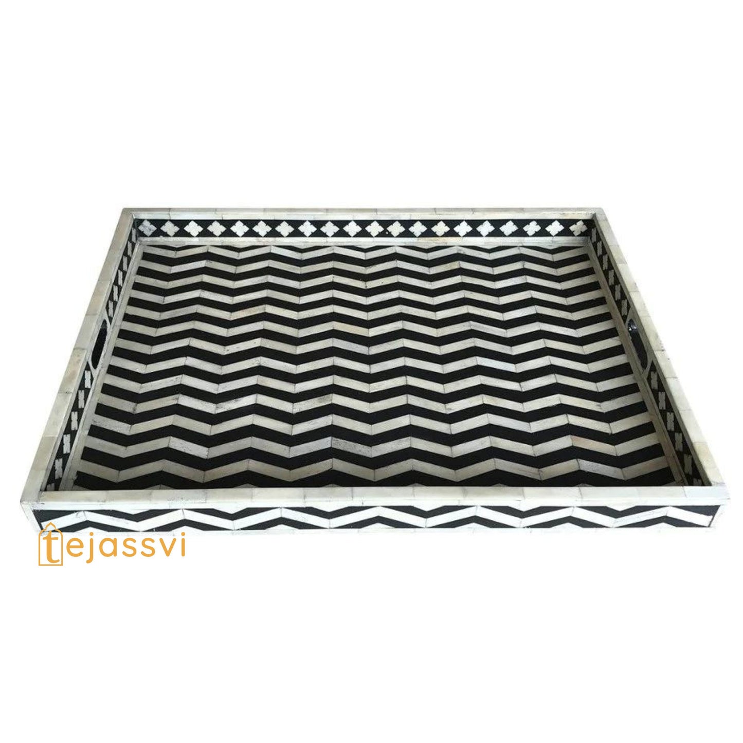 Black Rectangle Chevron Pattern Bone Inlay Tray | Black Bone Inlaid Rectangular Serving Tray