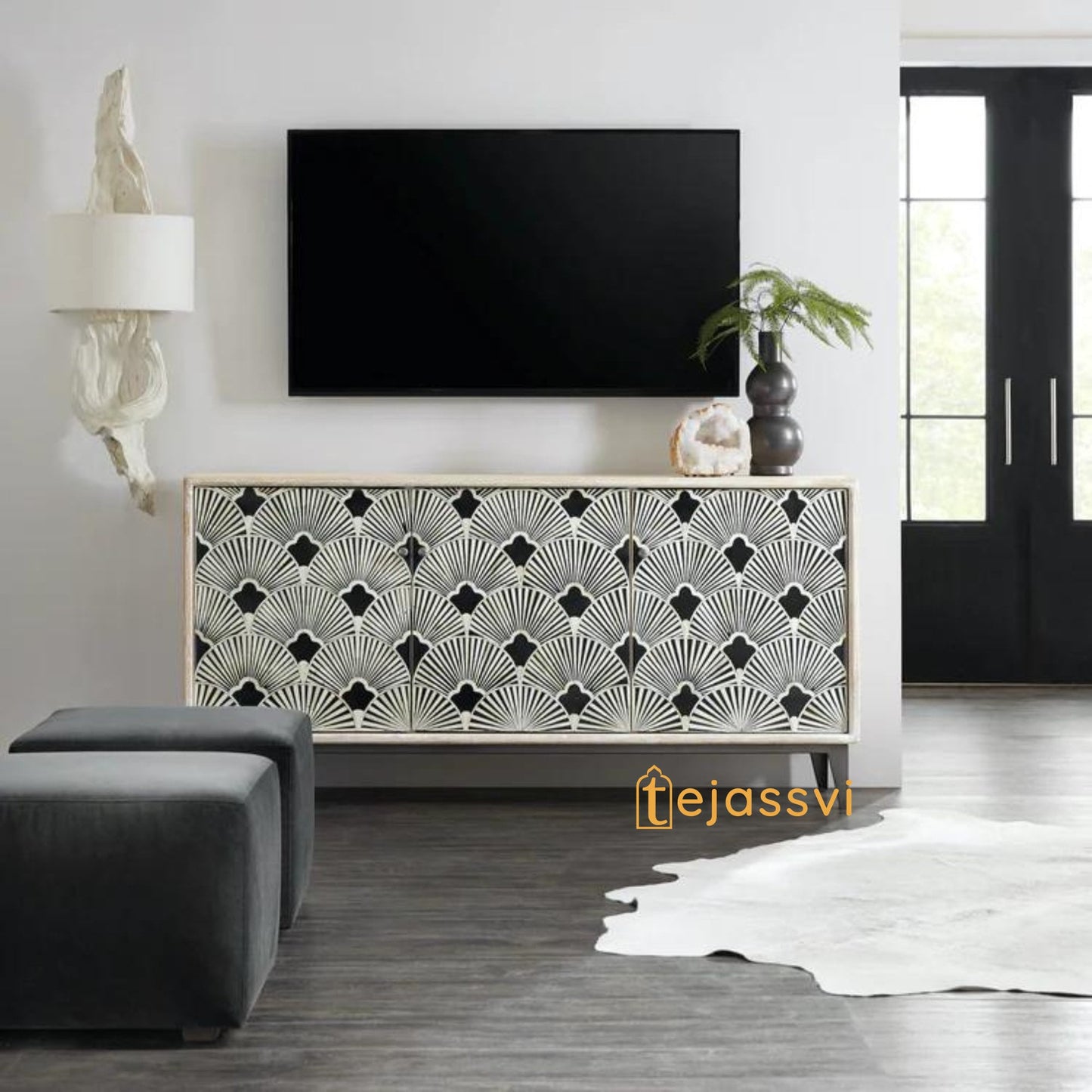 Bone Inlay Bone Optical Design Media Console/Media Cabinet, Bone Inlay Flower Entertainment Credenza White Finish Bone Inlay Storage Unit.