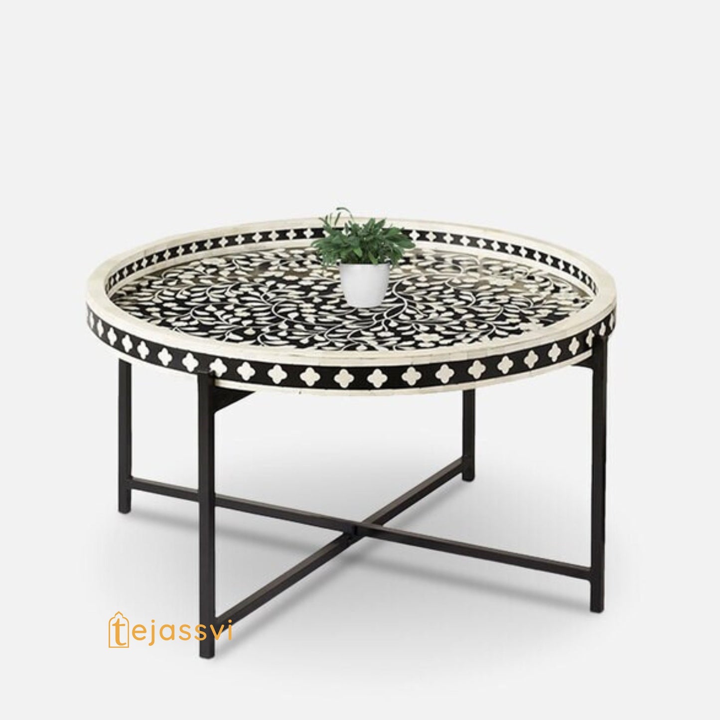 Bone Inlay Tray Coffee Table in Black & White Finish | Center table, BONE INLAY Round End TABLE, Floral design Cocktail Table.