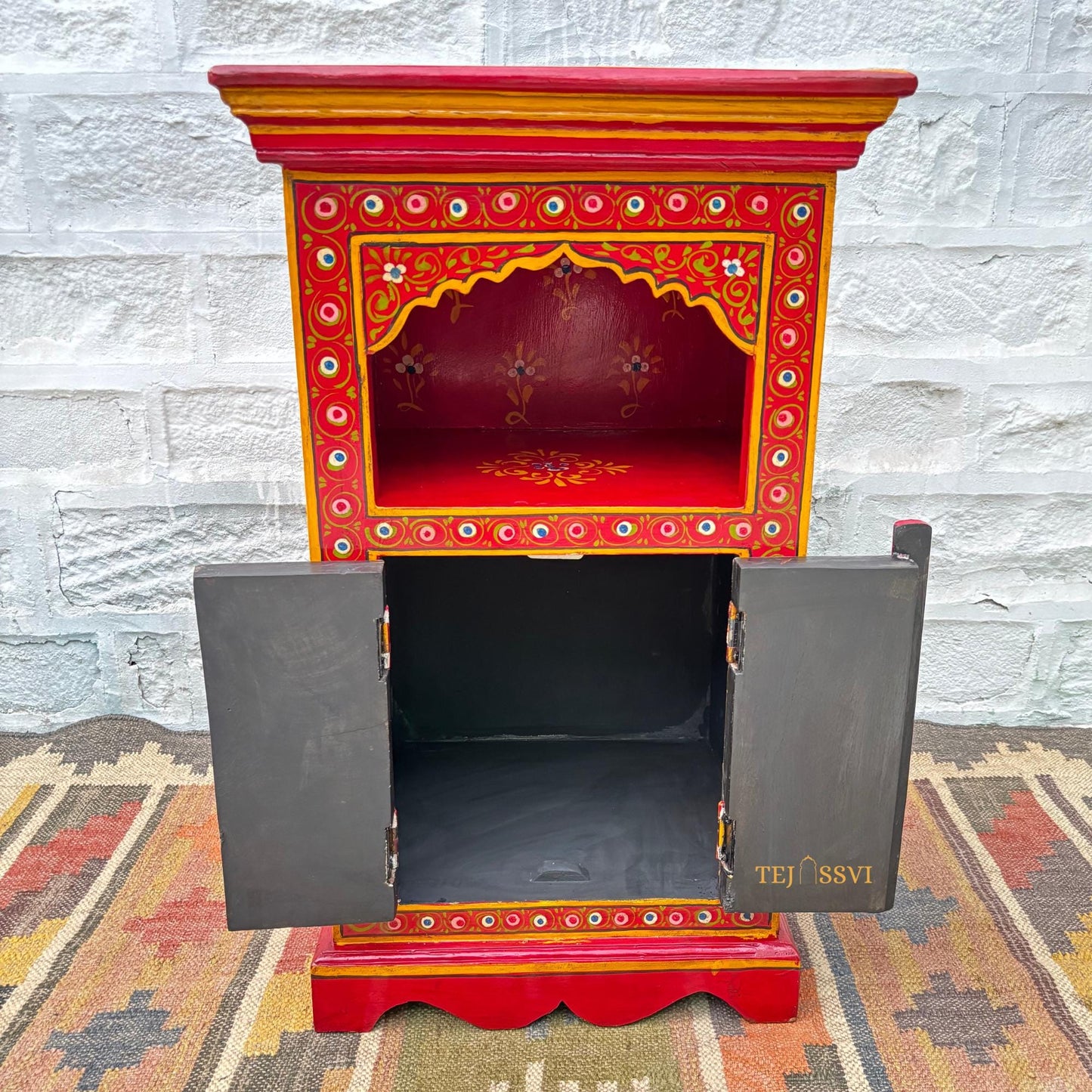 Handmade Hand Painted Bedside Table in Red & yellow , Home Decor Table, Handpainted side table, Indian Moroccan painted Furniture.