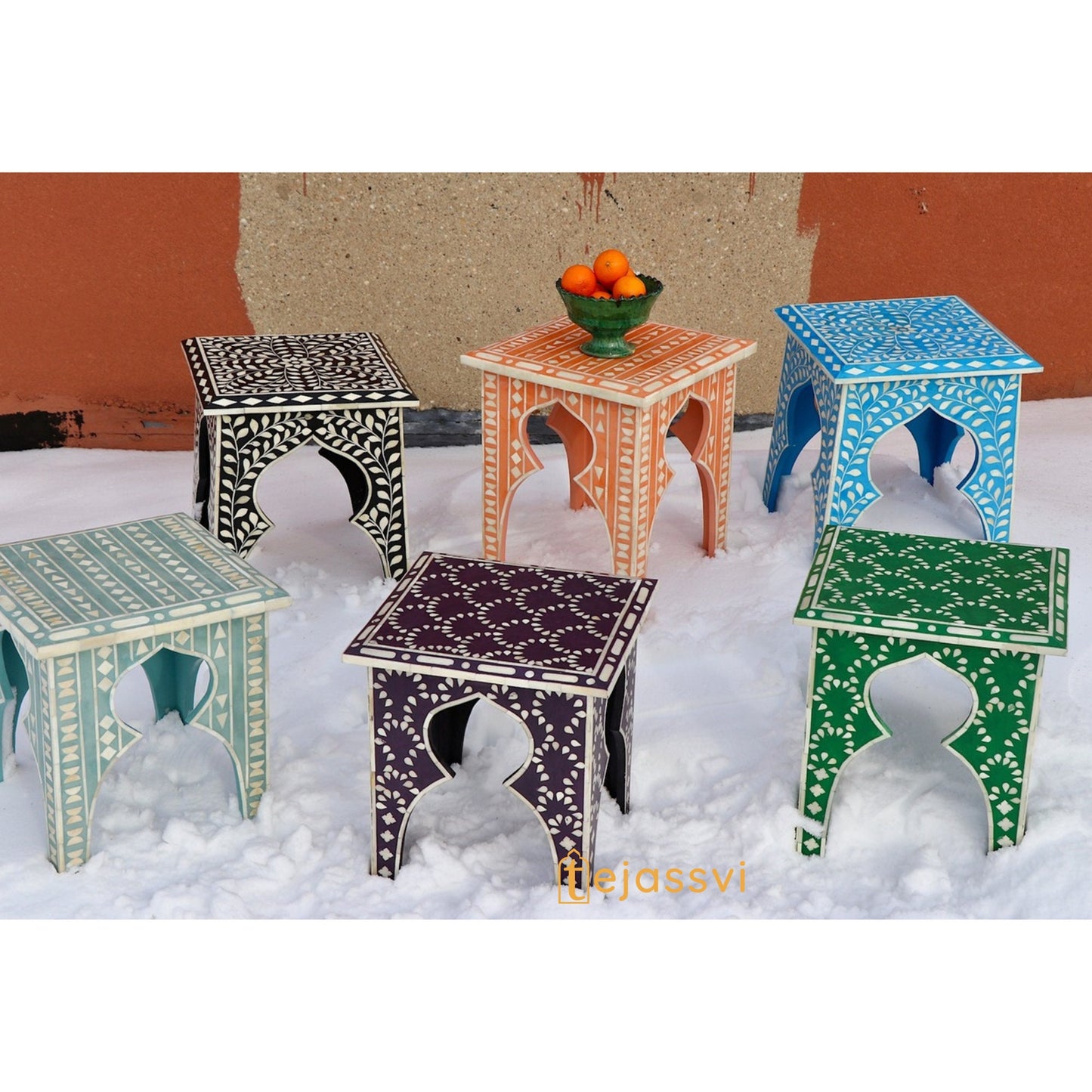 Handmade Blue Bone Inlay Table | Bone Inlay stool | Bone inlay floral side table | Bone Inlay Antique Corner Table, Modern Luxury Furniture