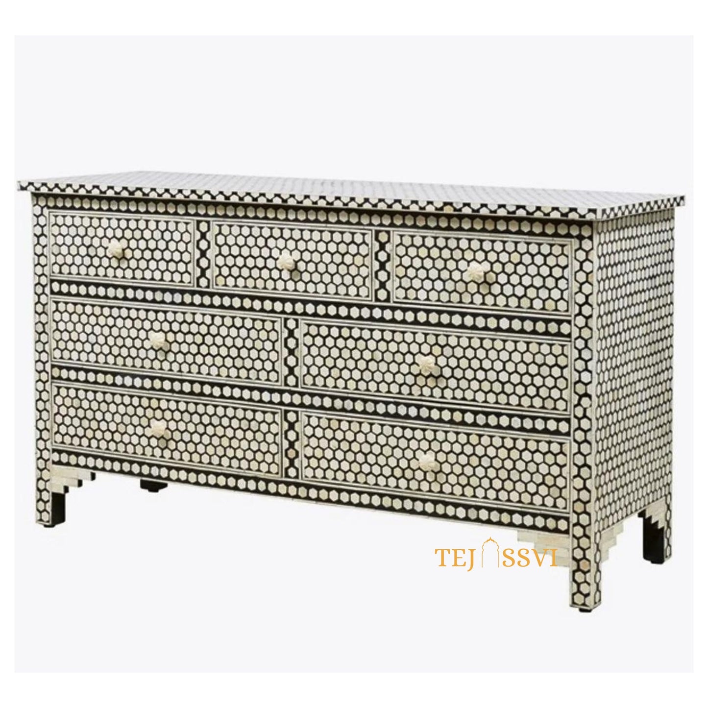 Honeycomb Design Black Handmade Bone Inlay dresser/7 Chest of Drawer, Bone inlay Sideboard Honeycomb black, Inlay Furniture Sideboard Unit.