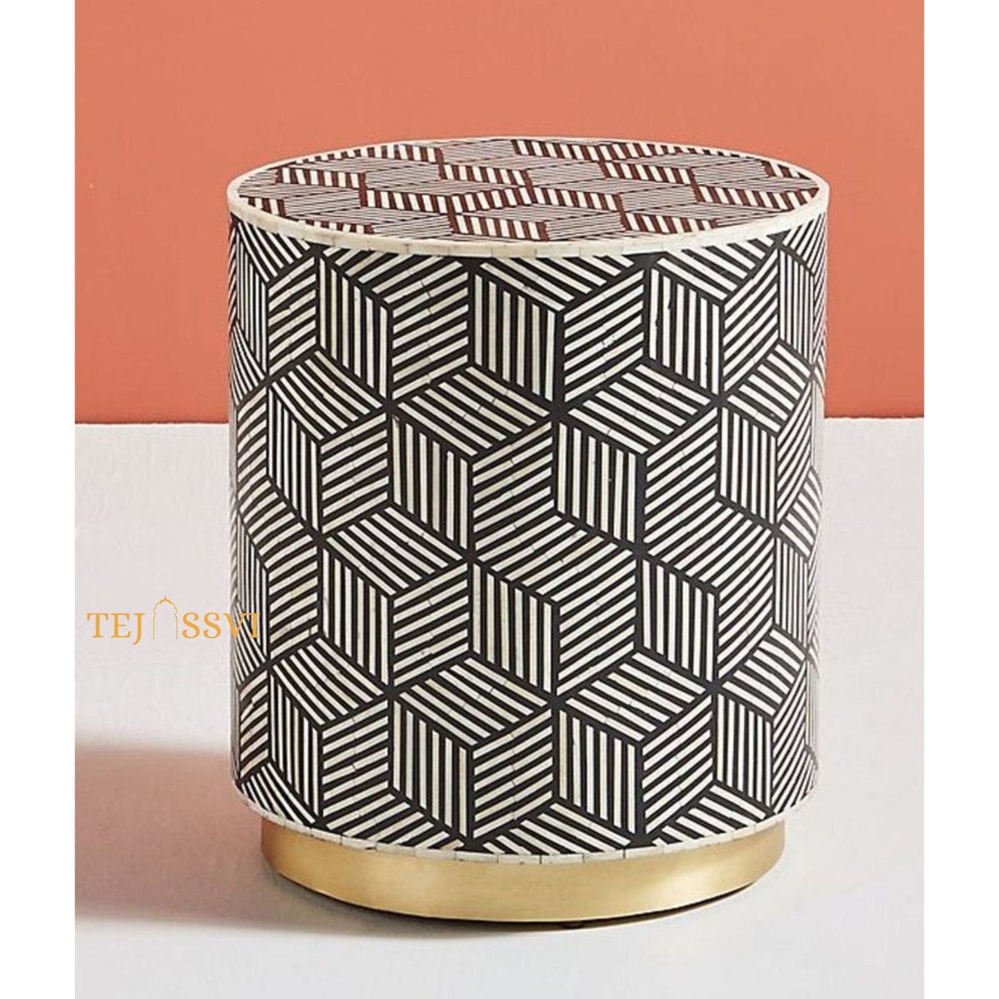 Handmade Bone inlay Round black stripe Design stool| Tribal Bone Inlay Stool in Brown | sofa side Table, Modern Luxury Furniture.