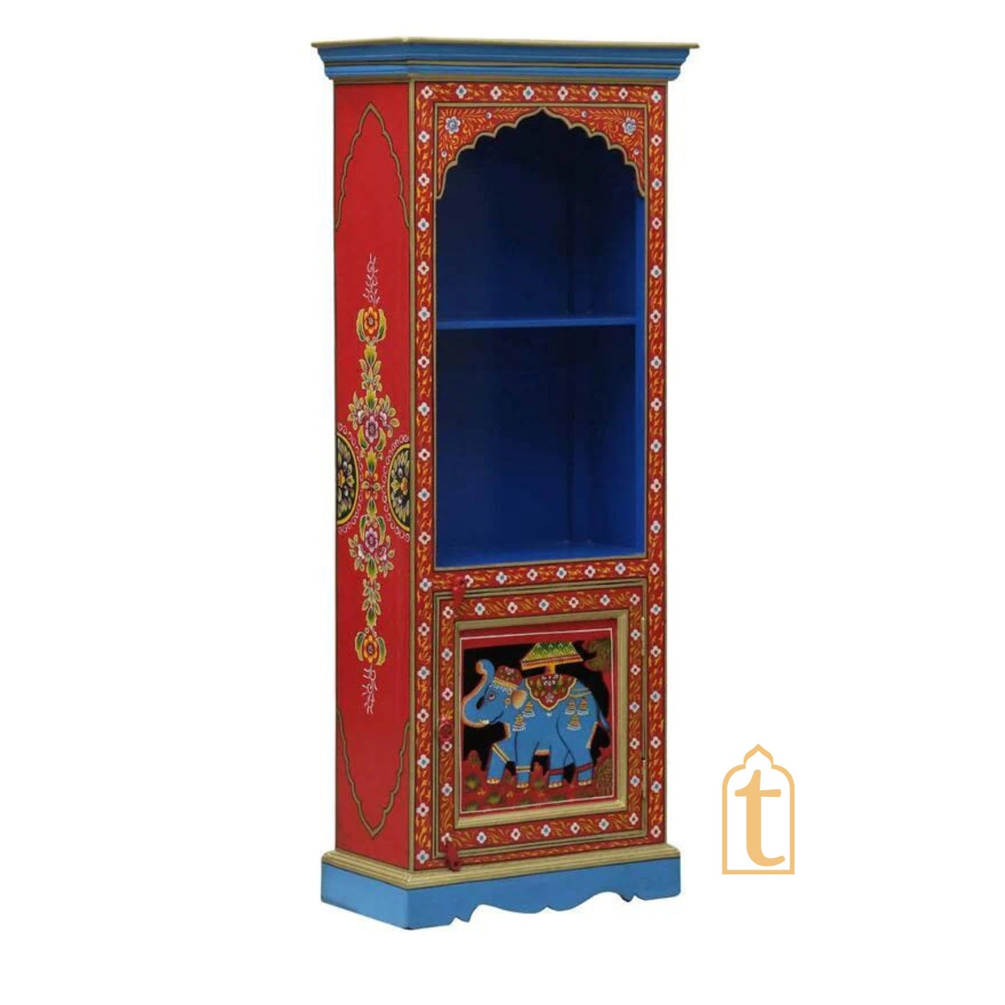 Indian Hand painted Solid Wooden BookShelf In Red Color Book self with Storage Cabinet/Indian Hand Painted Wooden Side Boards/wooden Cabinet