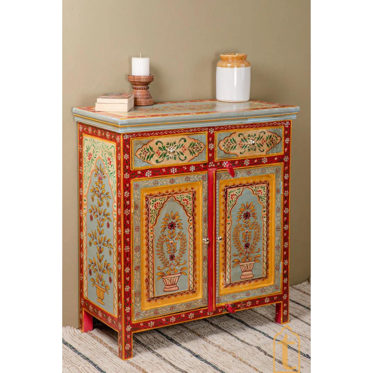 Indian Handicraft Wood Artistic Floral Painted Bedside Furniture Cabinet, Bedroom Furniture, Hand painted Chest Of Dressers, Nightstand.