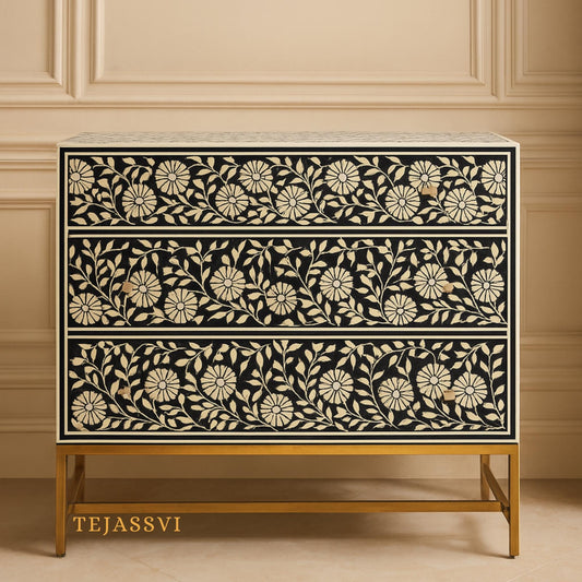 Bone Inlay Furniture, Bone Inlay Chest of 3 Drawers stripe Blue,3 Drawer Dresser, Bone Inlay Dresser, Bone Inlay Sideboard, Optical Cabinet.