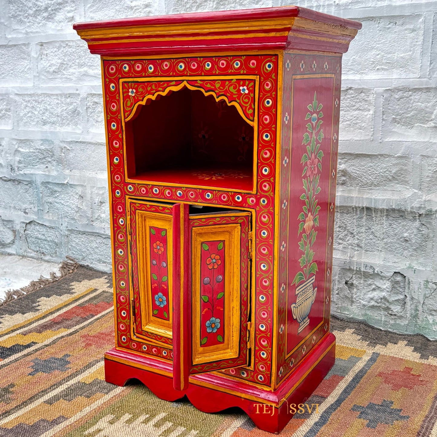 Handmade Hand Painted Bedside Table in Red & yellow , Home Decor Table, Handpainted side table, Indian Moroccan painted Furniture.