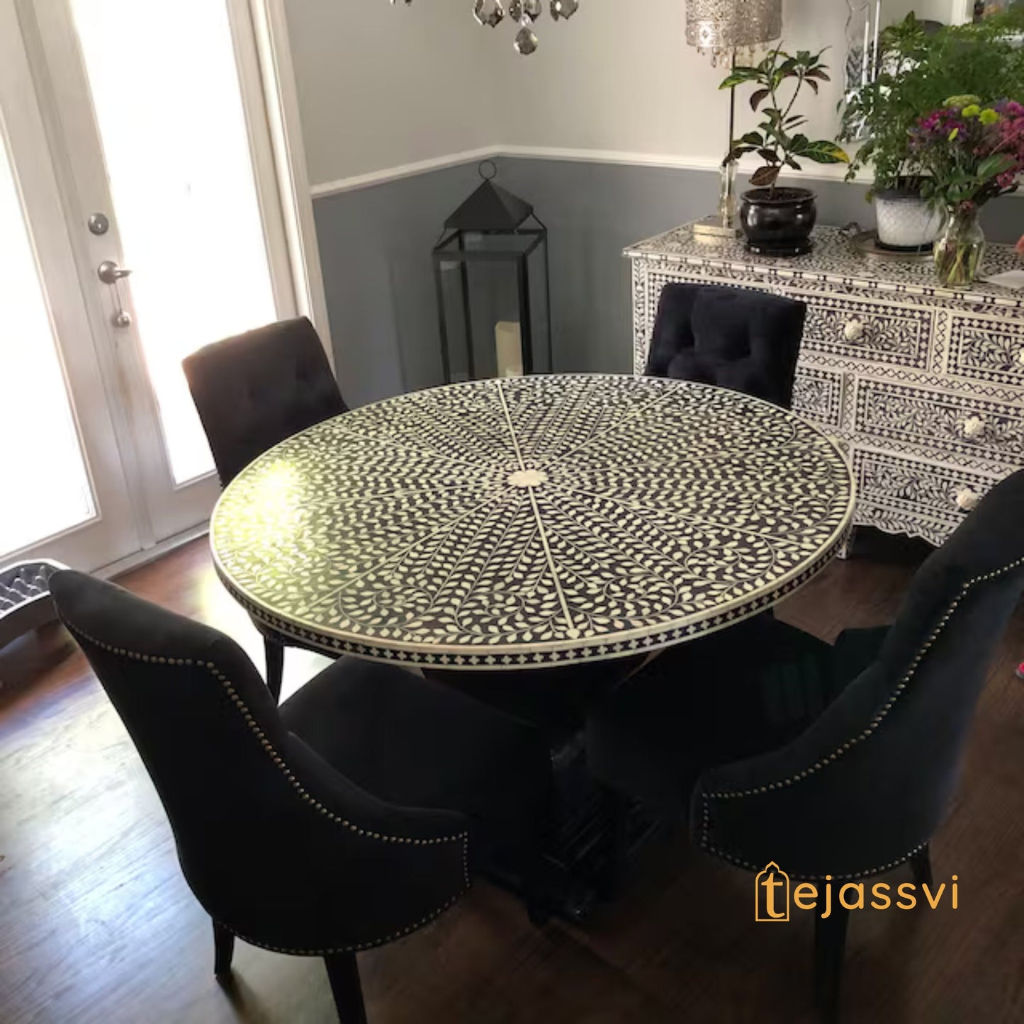 Handmade Bone Inlay Dining Table | Center Table | Conversion Table | Modern Floral Pattern Restaurant Hotel Bone Inlay Table.