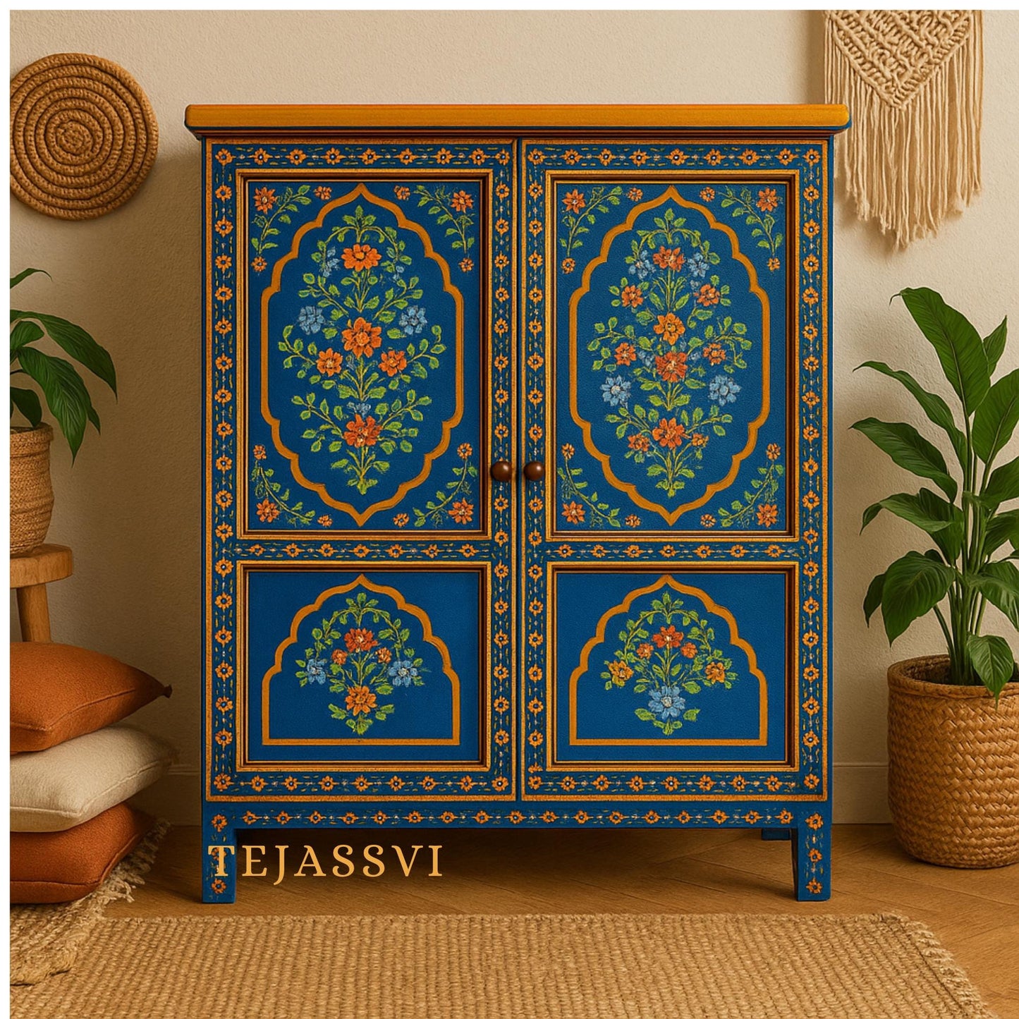 Hand-painted Wooden Blue Color Home Decor Sideboard | Cabinet/Cupboard, Indian Decor Cabinet, Side Table, Handmade, Furniture,Made In India