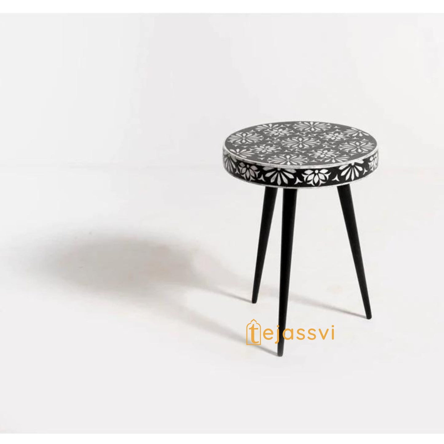 Handmade Bone Inlay stool | Bone inlay Pushkar floral motifs side table | Bone Inlay Wooden Antique Corner Table, Modern Luxury Furniture