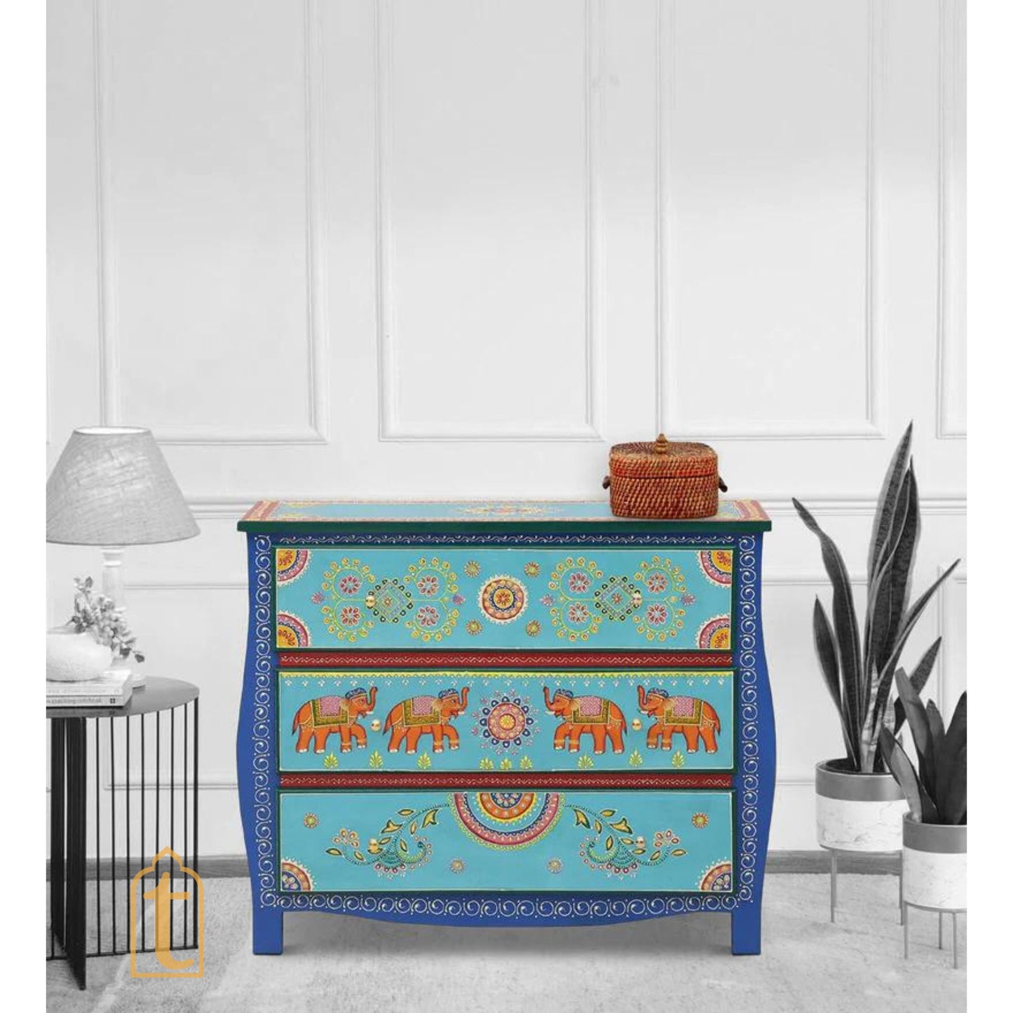 Indian Hand painted Wooden Chest of Drawers, Side Table /Chest of Drawers for Living Room | Traditional Side Table with Drawers.