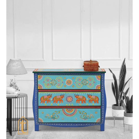 wooden Indian Hand painted Wooden Chest of Drawers, Side Table /Chest of Drawers for Living Room | Traditional Side Table with Drawers.