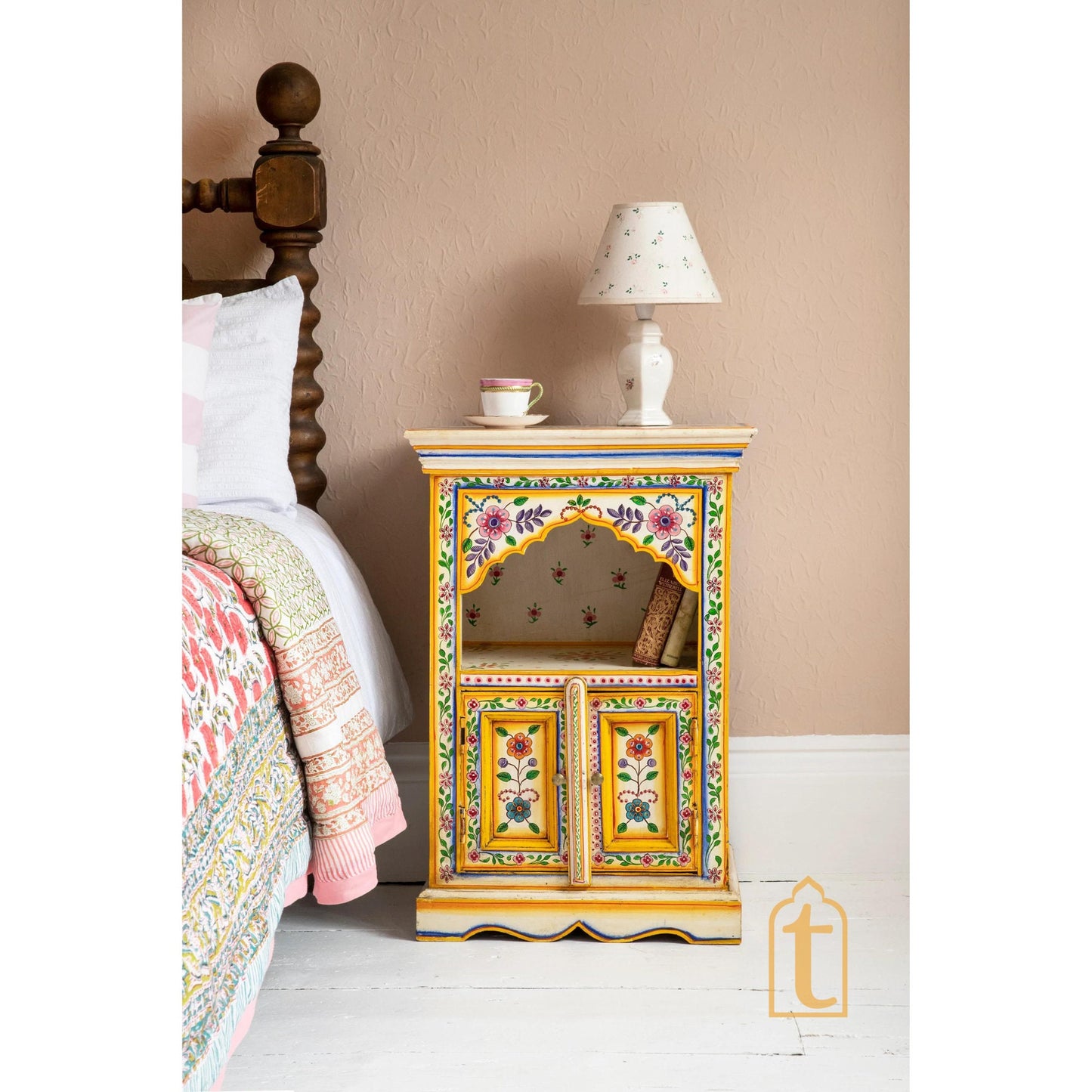 Handmade Hand Painted Bedside Table in Cream & Yellow, Home Decor Table, Bedroom Table, Side Table, Indian, Moroccan painted Furniture.