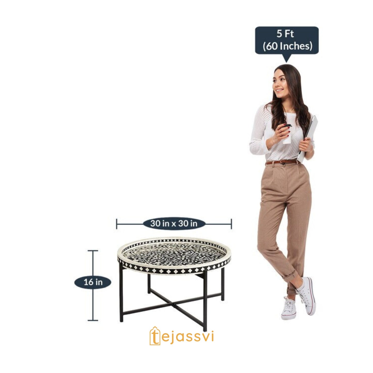 Bone Inlay Tray Coffee Table in Black & White Finish | Center table, BONE INLAY Round End TABLE, Floral design Cocktail Table.