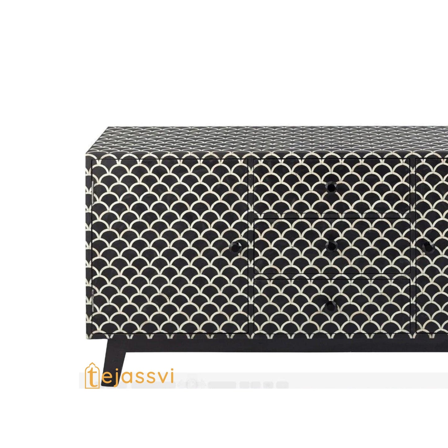 Bone Inlay Fish-scale Scalloped Sideboard in Black Color/Bone Inlay Media Console| Handmade Bone Inlay Credenza Indian Luxury Buffet Table.