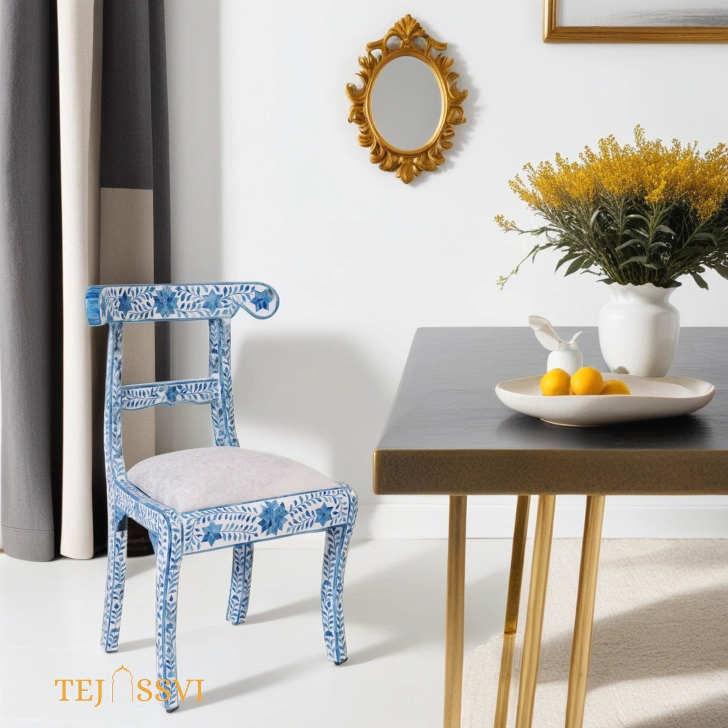 Bone Inlay Floral Chair blue | Bone Inlay chair | Wooden Modern Luxury Furniture/ wooden chair/ wooden stool/ bone table/ home furniture.