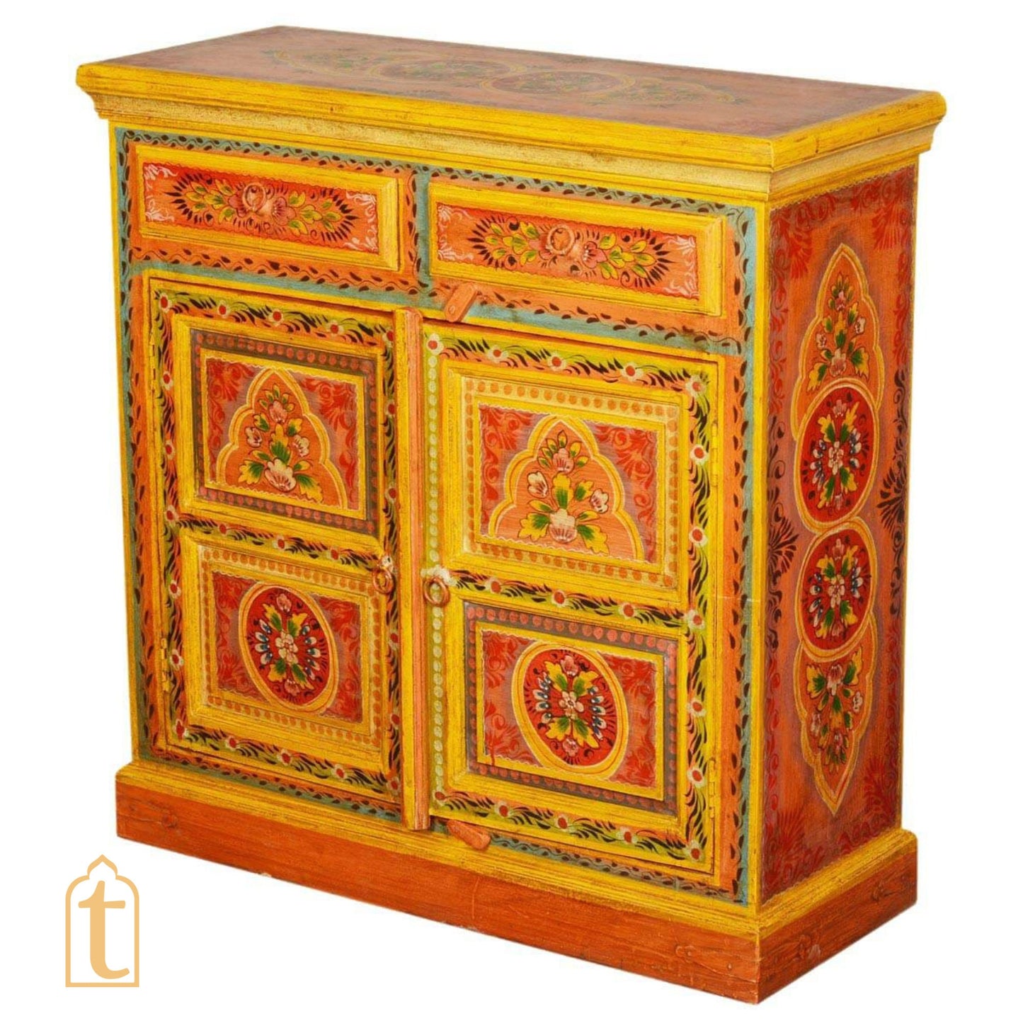2 Drawer Hande Painted Storage Cabinet/Hand Painted Mango Wood Large Chest of Drawers for Living Room/Traditional Side Table with Drawers.