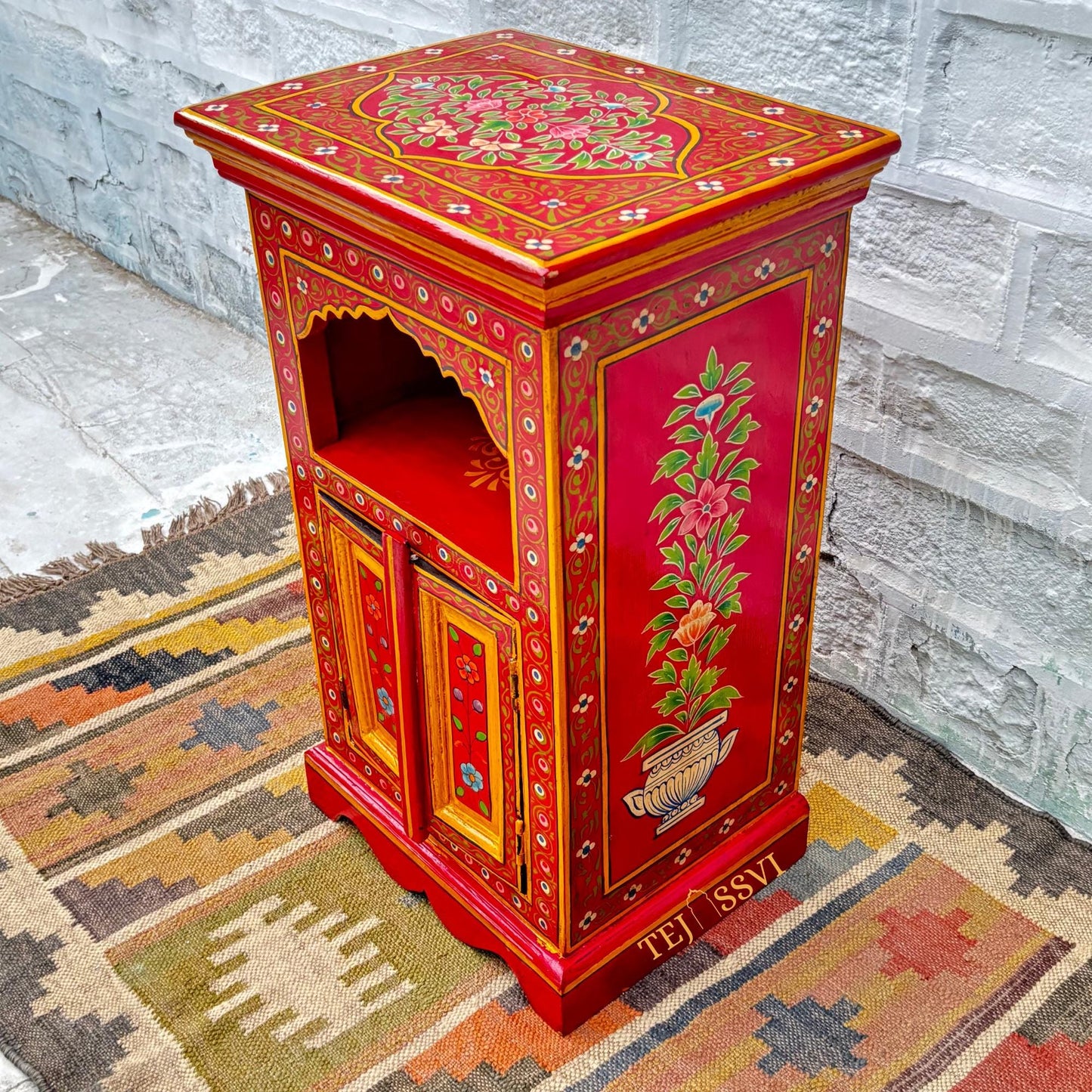 Handmade Hand Painted Bedside Table in Red & yellow , Home Decor Table, Handpainted side table, Indian Moroccan painted Furniture.