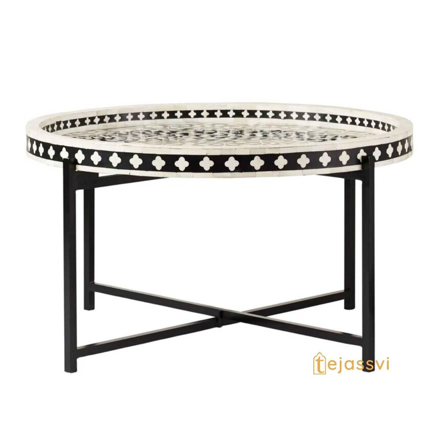 Bone Inlay Tray Coffee Table in Black & White Finish | Center table, BONE INLAY Round End TABLE, Floral design Cocktail Table.
