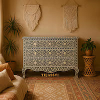 Hand made Indian Mother of Pearl Inlay Table: Floral 9-Drawer Living Room Furniture MOP inlay furniture