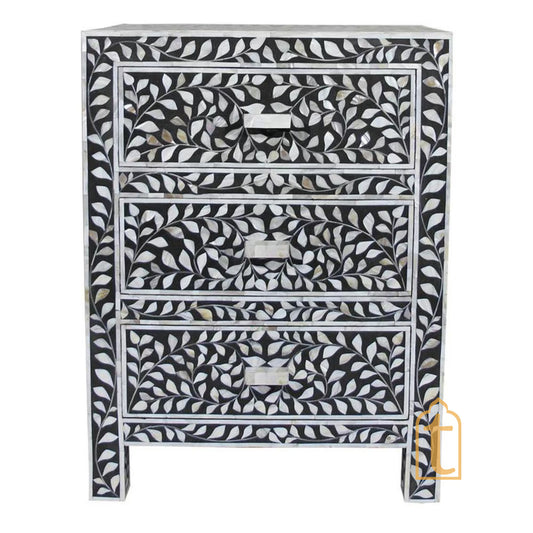 Wooden Handmade Bone Inlay Chest of 3 Drawer, Buffet, Bone Inlay Bedside Wooden Modern Floral Bedside /Side table /Nightstand 3 Drawer .