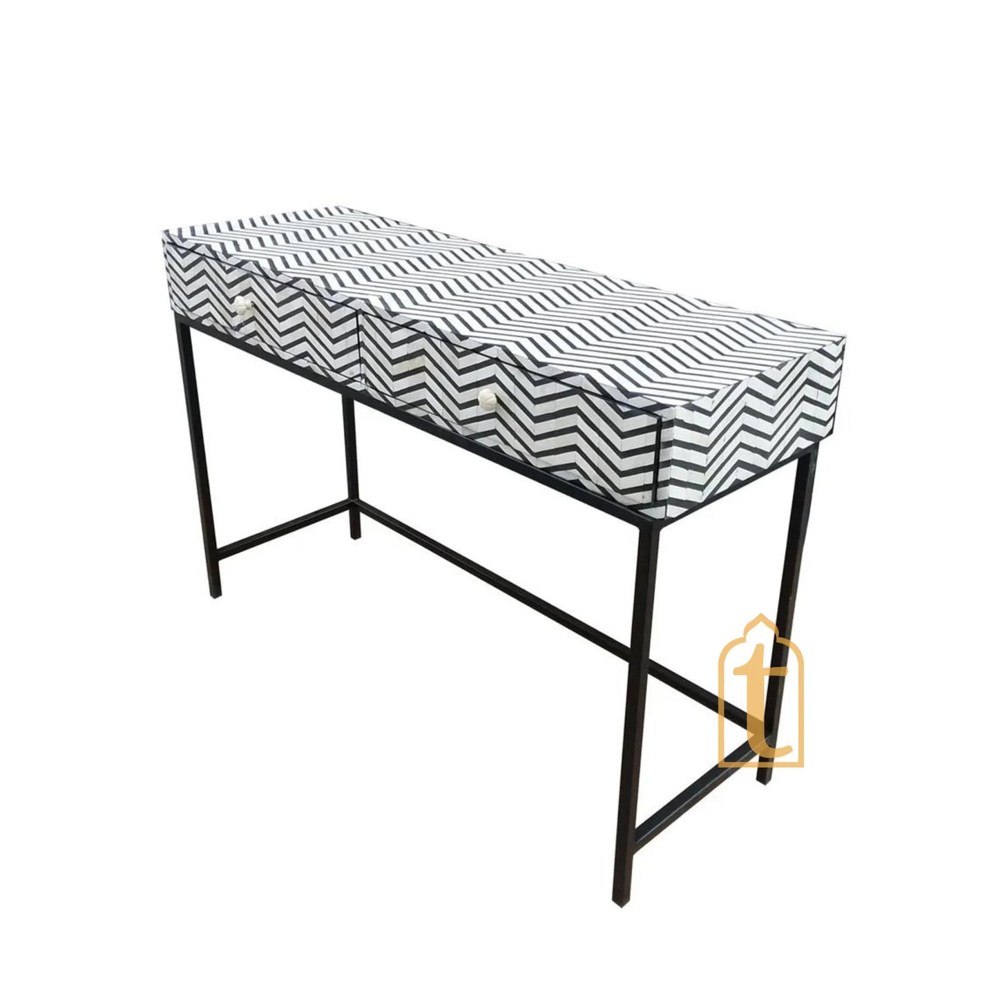 Handmade Bone Inlay 2 Drawer Console Table | Study Table | Black &White Thin Zig Zag, Side Table , End Table, Drawer Chats , Dressing Table
