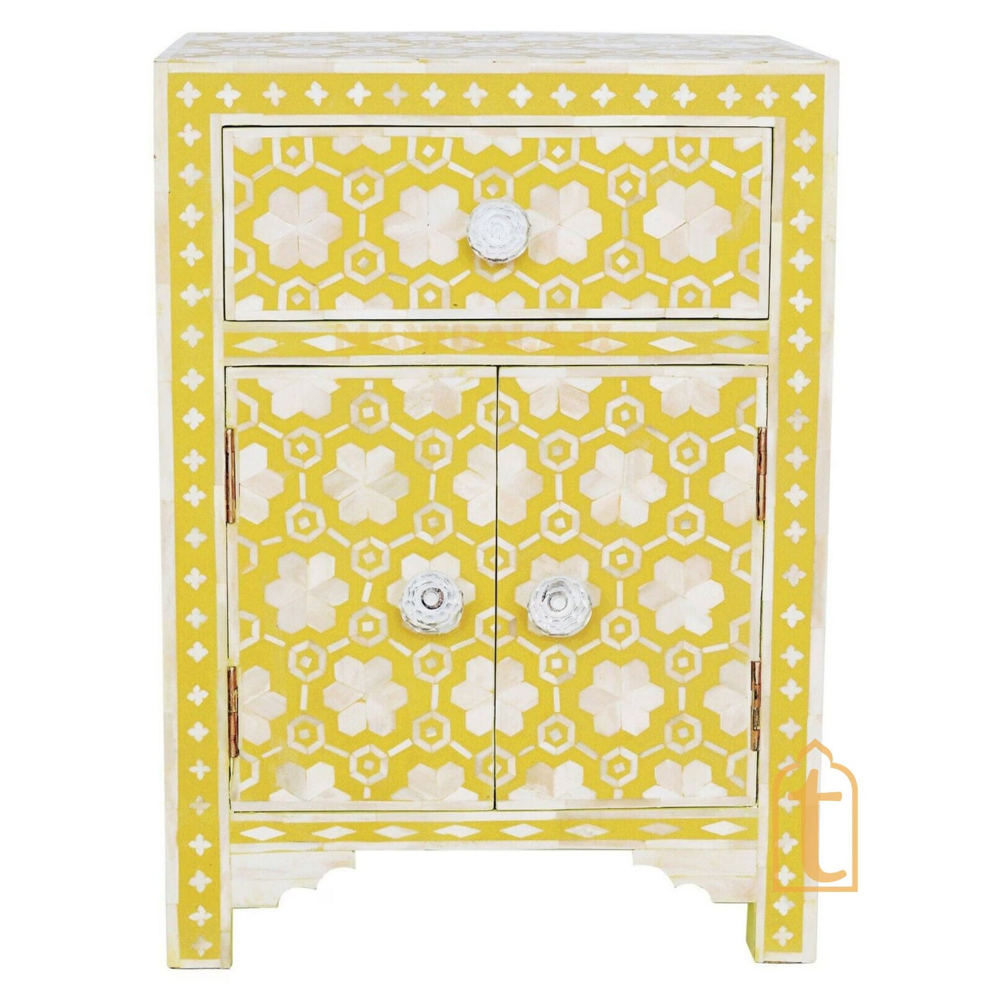 Wooden Bone Inlay Bedside Modern Floral Pattern Bedside/Side table/Nightstand with 1 Drawer and 2 Door Furniture/Cupboards/MOP Bedsidetable.