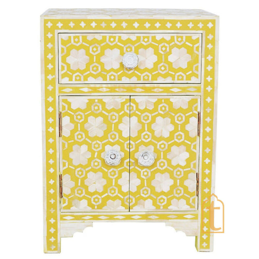 Wooden Bone Inlay Bedside / Modern Floral Pattern Bedside / Bone Side Table / Bone Inlay Nightstand with 1 Drawer and 2 Door Furniture / Cupboards / MOP Bedside Table.