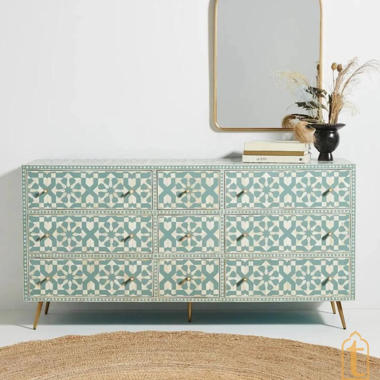 Bone Inlay Sideboard, Wooden Bone inlay 9 Drawer Dresser, Bone Inlay Chest of 9 Drawer, Bone inlay Buffet, Large Dresser, Storage Unit.