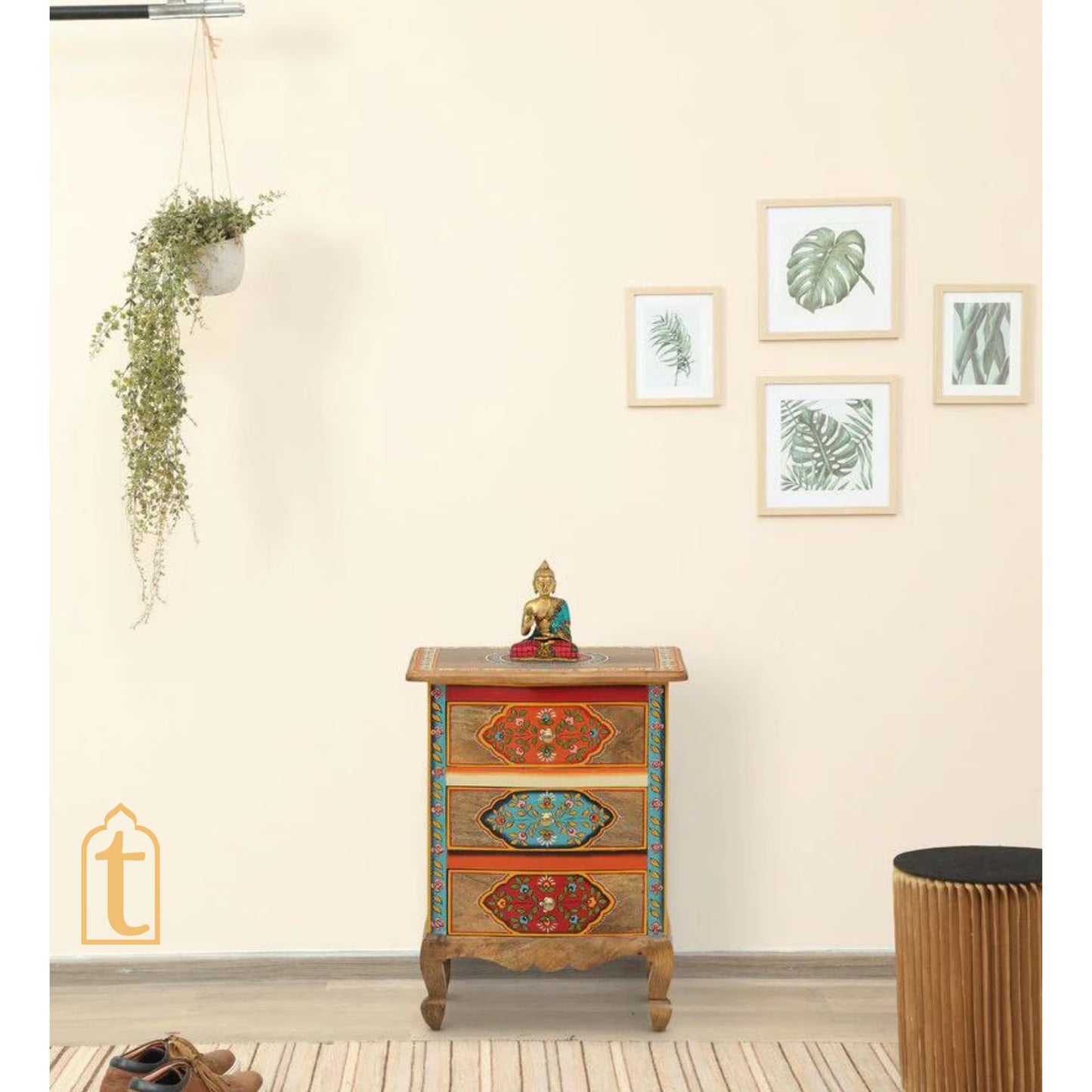 Hand Painted Solid Wood Chest Of Drawer In Multi Color | 3 Chest Of Drawers/Bed Side, Hand Painted Side Table | Decorative Indian furniture.