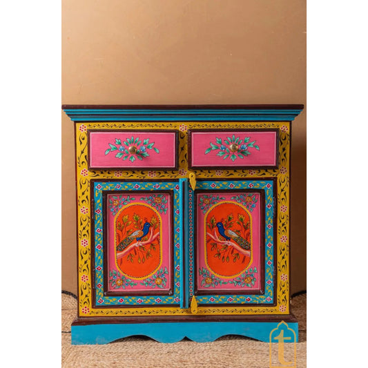 Indian Peacock Floral Hand Painted Wooden Cabinet / Side Storage / Cabinet | Bedside, Side Table, Hand Painted, Wooden Big Cabinet.
