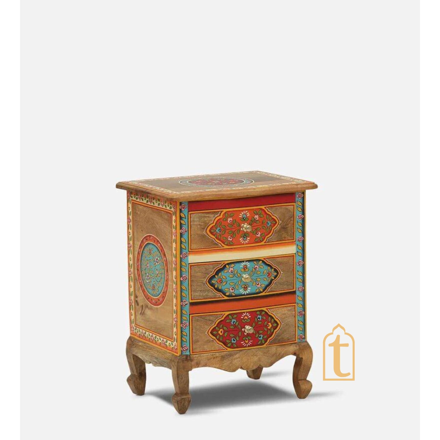 Hand Painted Solid Wood Chest Of Drawer In Multi Color | 3 Chest Of Drawers/Bed Side, Hand Painted Side Table | Decorative Indian furniture.