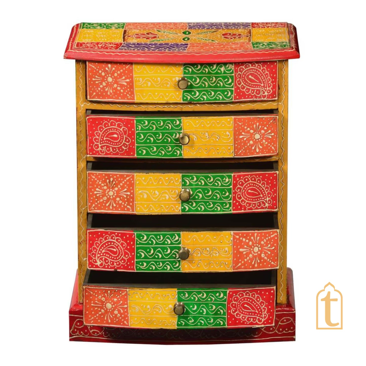 Indian Hand Painted Patches Mango Wood 5drawer Jewelry Box/Keepsake Cabinet Storage, Hand painted Cabinet Large Chest of Drawer/ Living Room