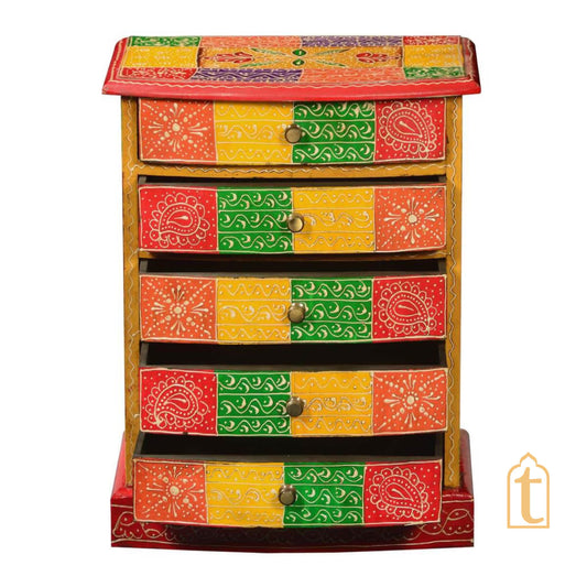 Indian Hand Painted Patches Mango Wood 5drawer Jewelry Box/Keepsake Cabinet Storage, Hand painted Cabinet Large Chest of Drawer/ Living Room