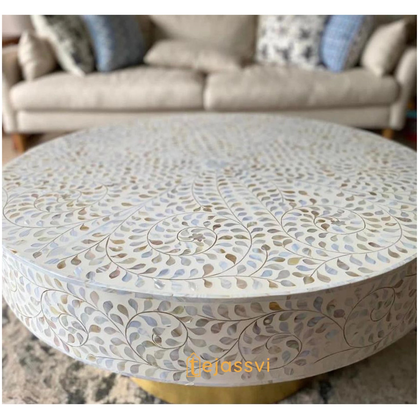 Round Coffee Table, Mother of pearl INLAY TABLE, Floral design Centre Table, MOP Inlay Furniture Cocktail Table, Modern Luxury furniture.