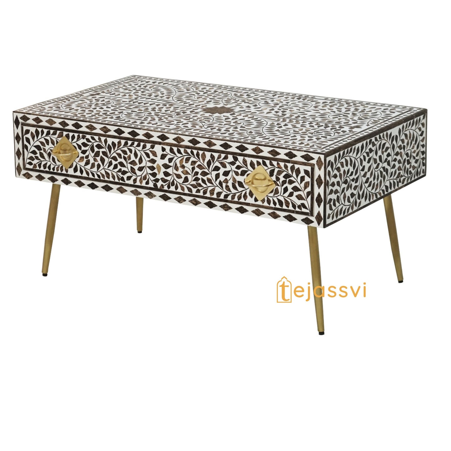 Bone Inlay Wooden Coffee Table/MOP Bone Inlay Oval Shape Coffee Table/Oval Coffee Table/Floral Design Centre Table/Bone Inlay Cocktail Table