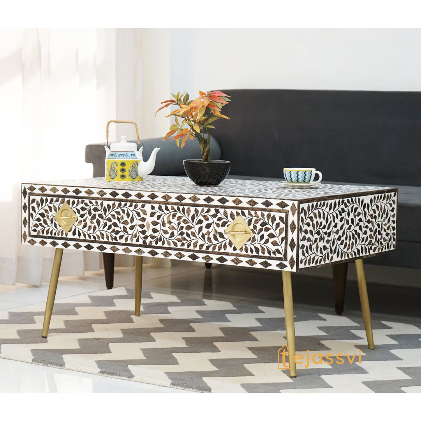 Bone Inlay Wooden Coffee Table/MOP Bone Inlay Oval Shape Coffee Table/Oval Coffee Table/Floral Design Centre Table/Bone Inlay Cocktail Table